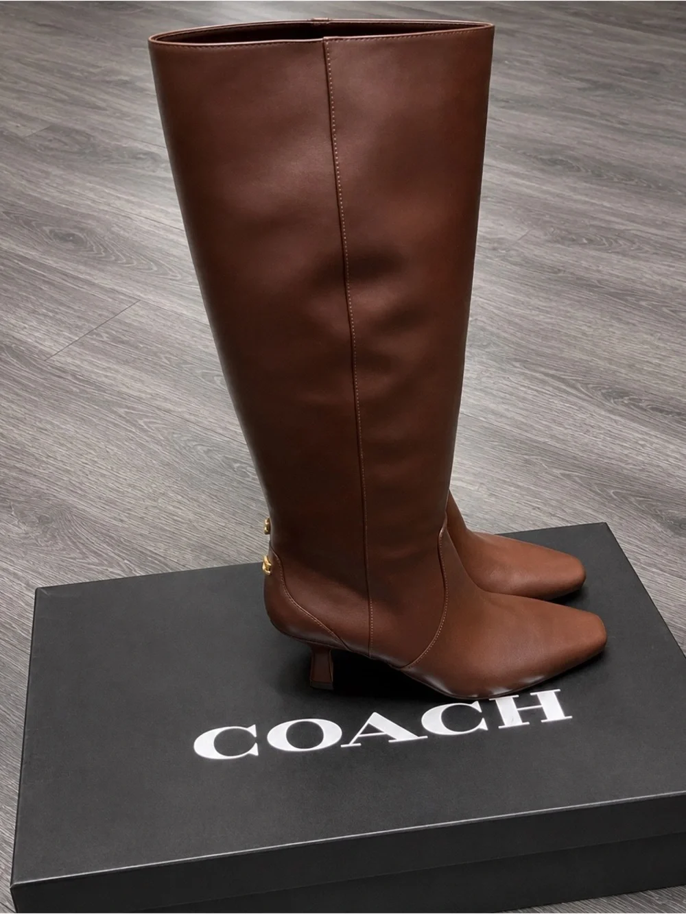 NIB COACH Sculpt C Knee-High Leather Boots Maple Brown Size 6.5